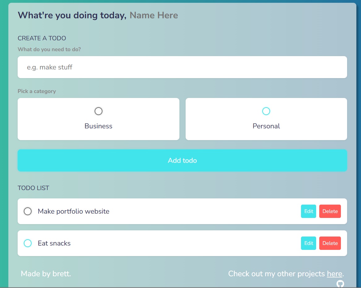A screenshot of the Brett's Todo website