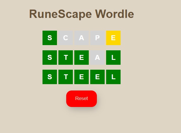 A screenshot of the RS Wordle Website